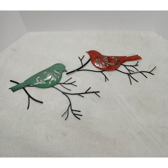 ​Rustic 2-Piece Bird Wall Hanging Set - Red & Teal Metal Branch Sculpture - Picture 1 of 7